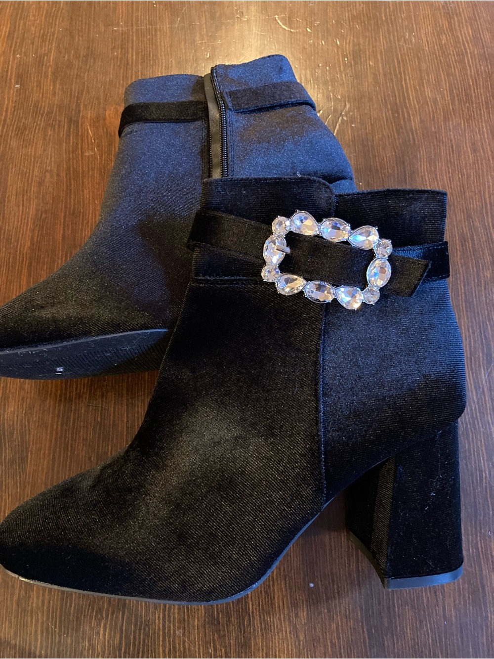 Cato Black Velvet Ankle Boots with Crystal Buckle - size 8W